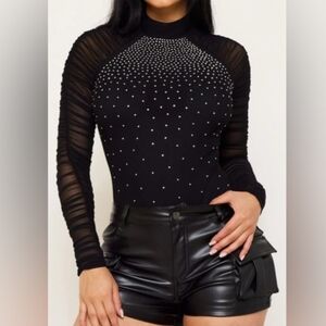Black Long Mesh Sleeve Embellished Bodysuit Nwt L